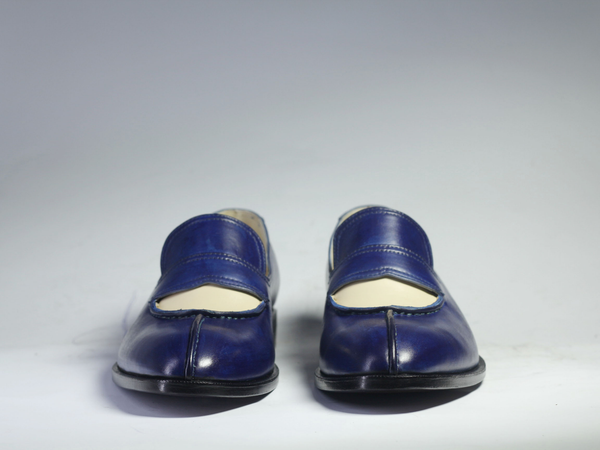 Men's Blue & Beige Patina Leather Moccasin Loafers