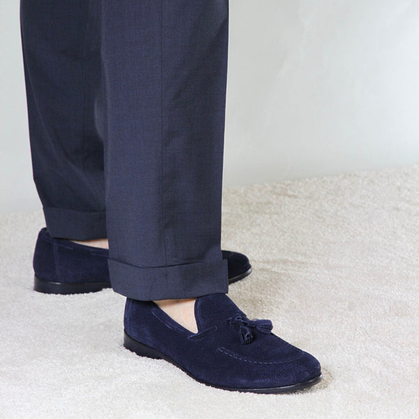 Handmade suede moccasin with blue tassels