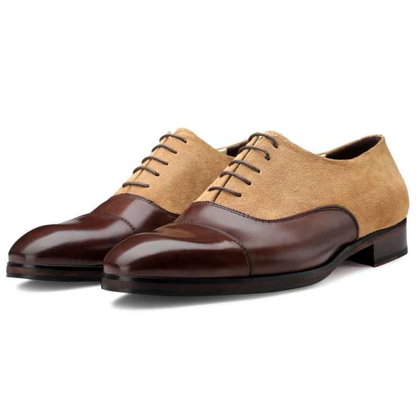 Men's Brown-Beige Suede Leather Cap Toe Dress Shoes