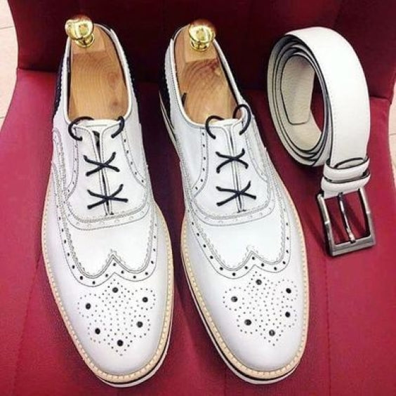 Men's Luxury White & BlackLeather Wingtip Oxford Shoes