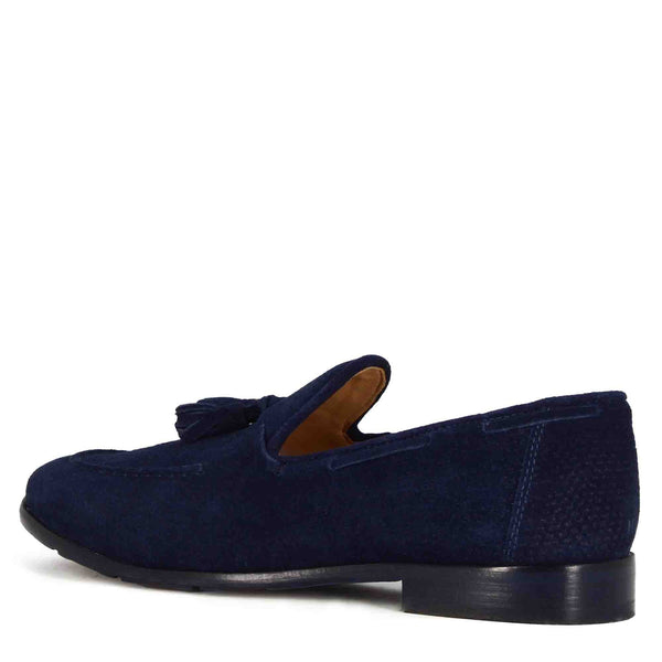 Handmade suede moccasin with blue tassels