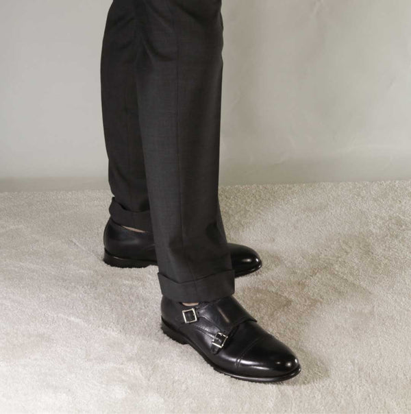 Men's double buckle shoe in dark blue smooth leather